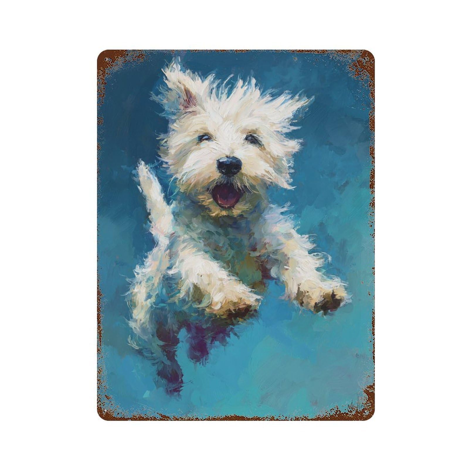 Happy Westie Painting Rust Effect Tin Sign 15.7"x11.8", Industrial Home Decor for Garage, Pub Or Kitchen