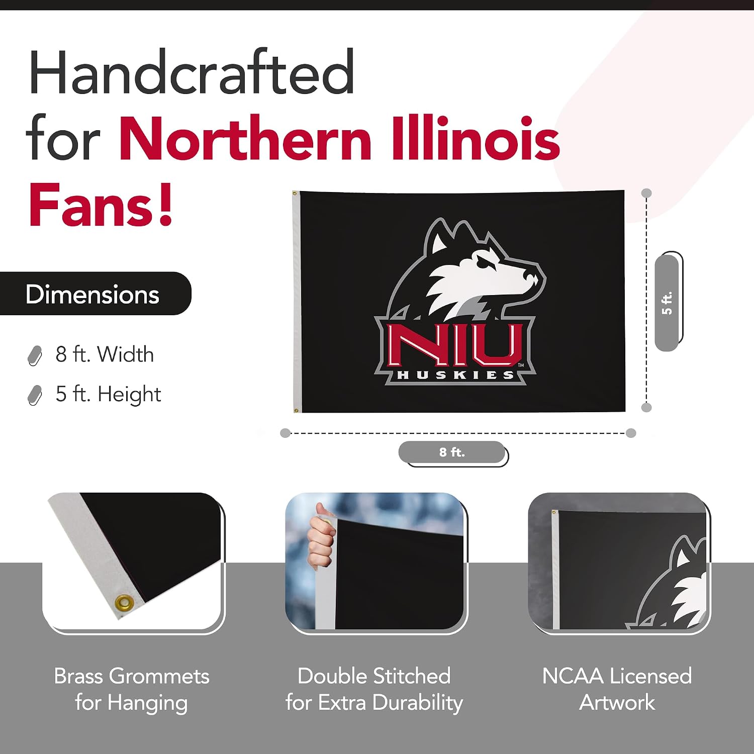 Northern Illinois Huskies College Sports Printed Flag - NCAA Licensed - Nylon - School Banner (Black, Red) (5' x 8')