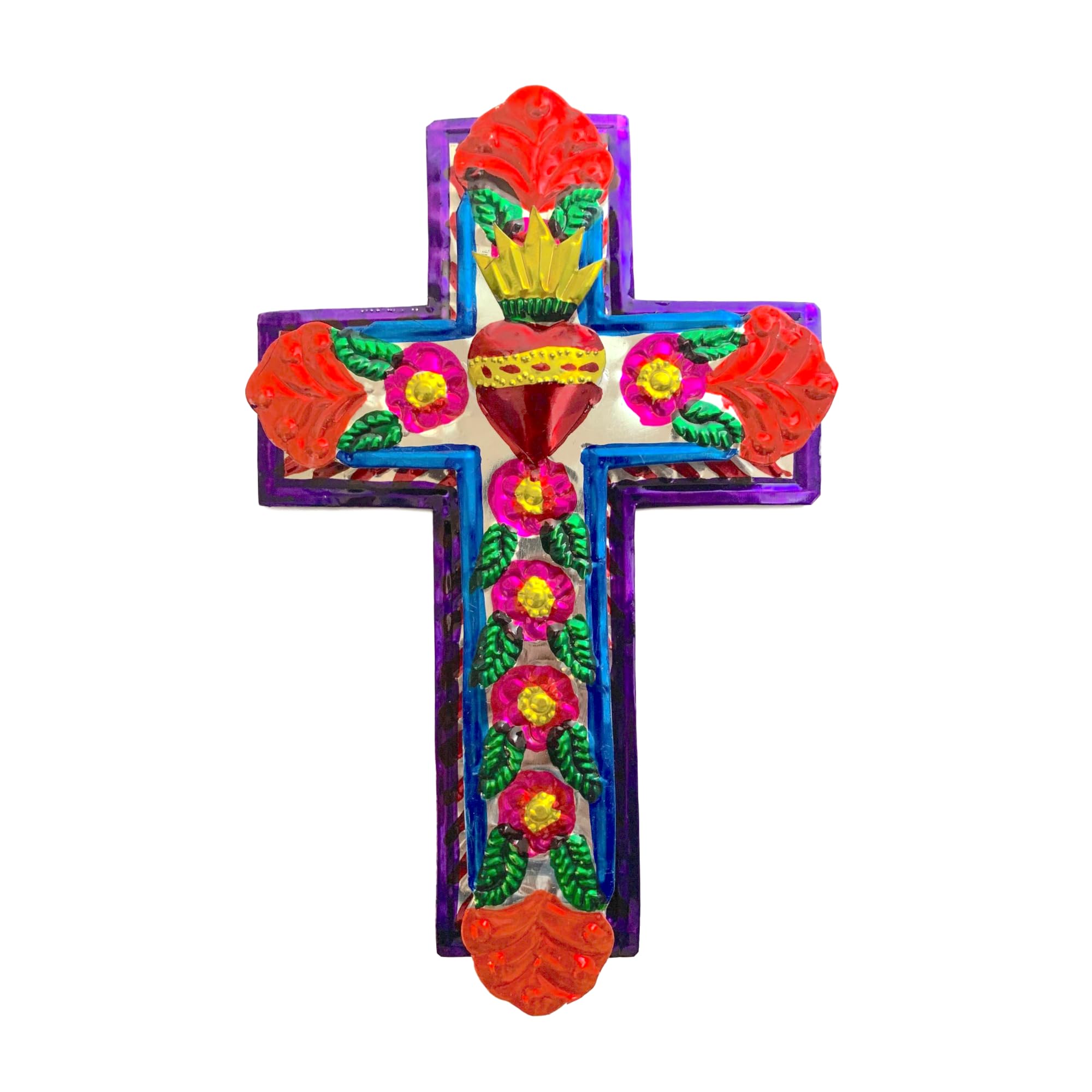 Casa Fiesta Designs Embossed Tin Cross - Mexican Folk Art Wall Decor - Handmade in Mexico - Milagros Charm - Sacred Heart Ornament - Mexican Art - 11