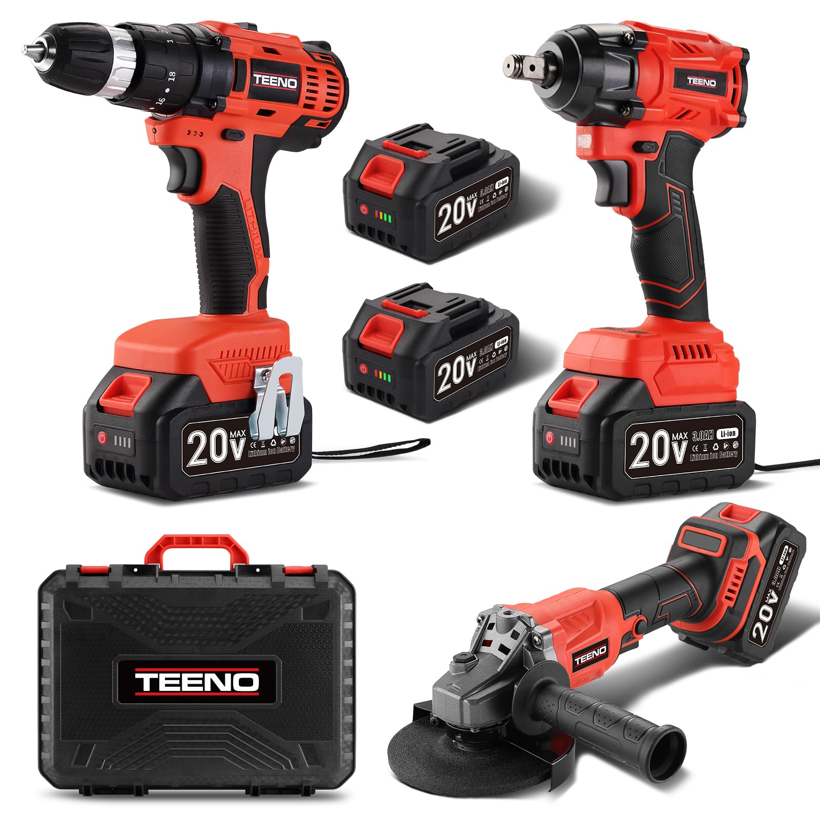 TEENO Juego de Herramientas Eléctricas 3 Piezas: Llave de Impacto Sin Escobillas + Taladro Percutor a Bateria + Amoladora Angular Sin Escobillas, 2x Batería 20V, Ideal para Hogar y Reparación de Coche