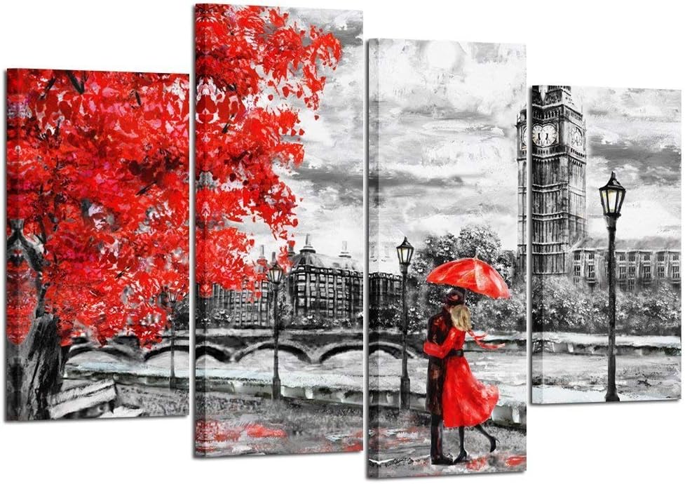 KREATIVE ARTS 4pcs Contemporary Wall Art Black White and Red Umbrella Couple in Street Big Ben Oil Painting Printed on Canvas Romantic Picture Framed Artwork Prints for Walls Decor 48x33inch
