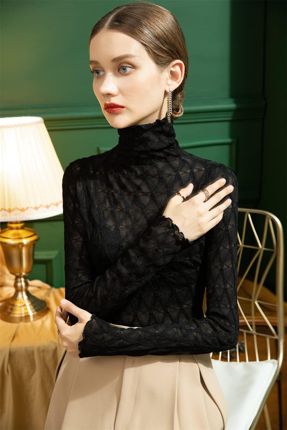 Women's Long Sleeve Bodycon Turtleneck Tees Top Lace Sexy See Through Sheer Mesh Eyelash Trim Shirts Elegant Blouse - Image 7