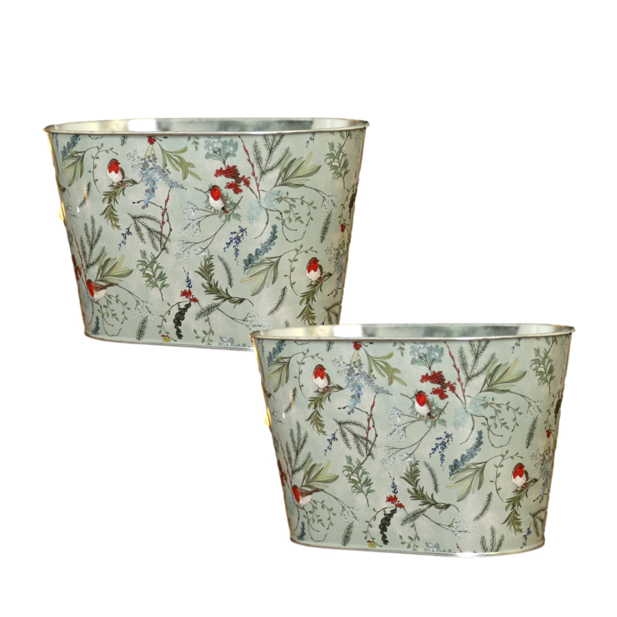 Fyne-Finds White 2 Piece Tin Pail Trough Robin Floral Design Tub 14Cm,5.5Inch Christmas Metal Planter Xmas Home Gift (White 2 Piece)