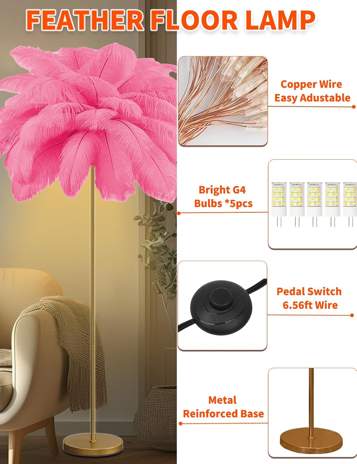 Feather Floor Lamp,Fluffy Ostrich Feather Floor Lamp for Bedroom,3 Color Temperatures Led Corner Modern Floor Lamps for Living Room Christmas Home Decor House Warming Gifts,63″ Height (Deep Pink)