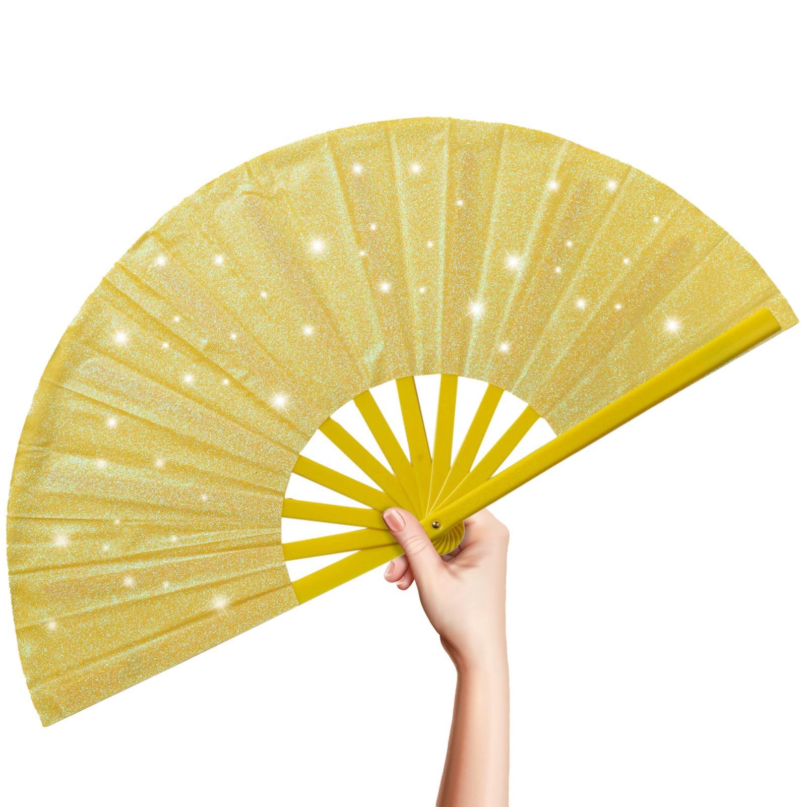 OMyTea Glitter Large Rave Folding Hand Fan - 13'' Foldable Clack Chinese Tai Chi Kung Fu fan - for Festivals, EDM, Club, Dancing, Hot Flashes, Church and Gifts (Yellow)