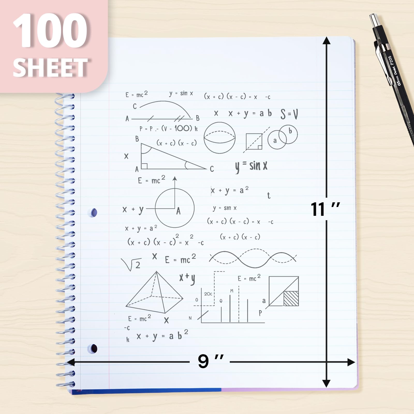 ONAVIA Quaderno a spirale, 1 soggetto, confezione da 12, a righe, 22,9 x 28,9 cm, 100 fogli, impermeabile, per insegnanti, studenti, colori assortiti
