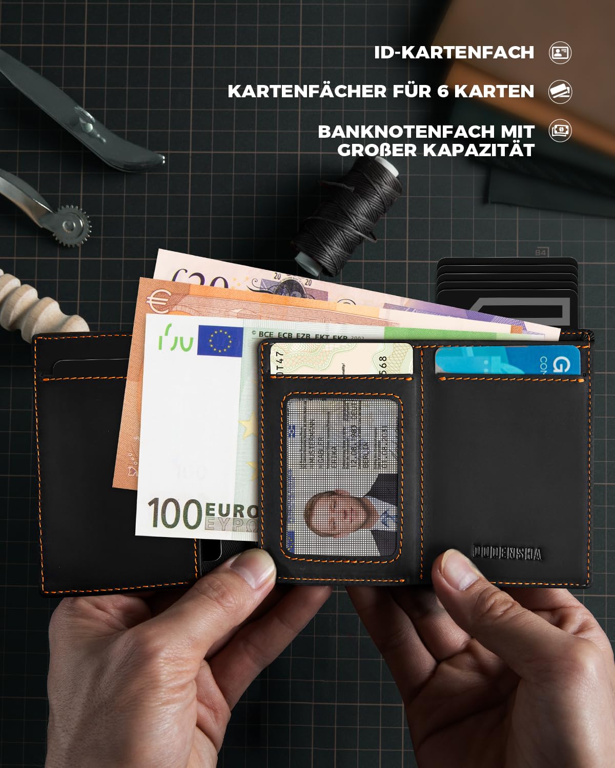 DODENSHA MagSnap Portmonee Herren I Slim Wallet mit Münzfach I Kreditkartenetui Geldbeutel für 10+ Karten I Magnetischer Verschluss Geldbörse Herren I RFID Schutz I SchwarzOrange