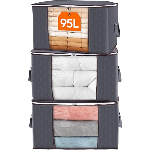 Lifewit 3 Pack 90L Clothes Storage Bins with Lids, Foldable Blanket Storage Bags with Zippers, Clear Window and Reinforced Handles, Closet and Organization for Clothing, Sweater, Comforter, Bedding