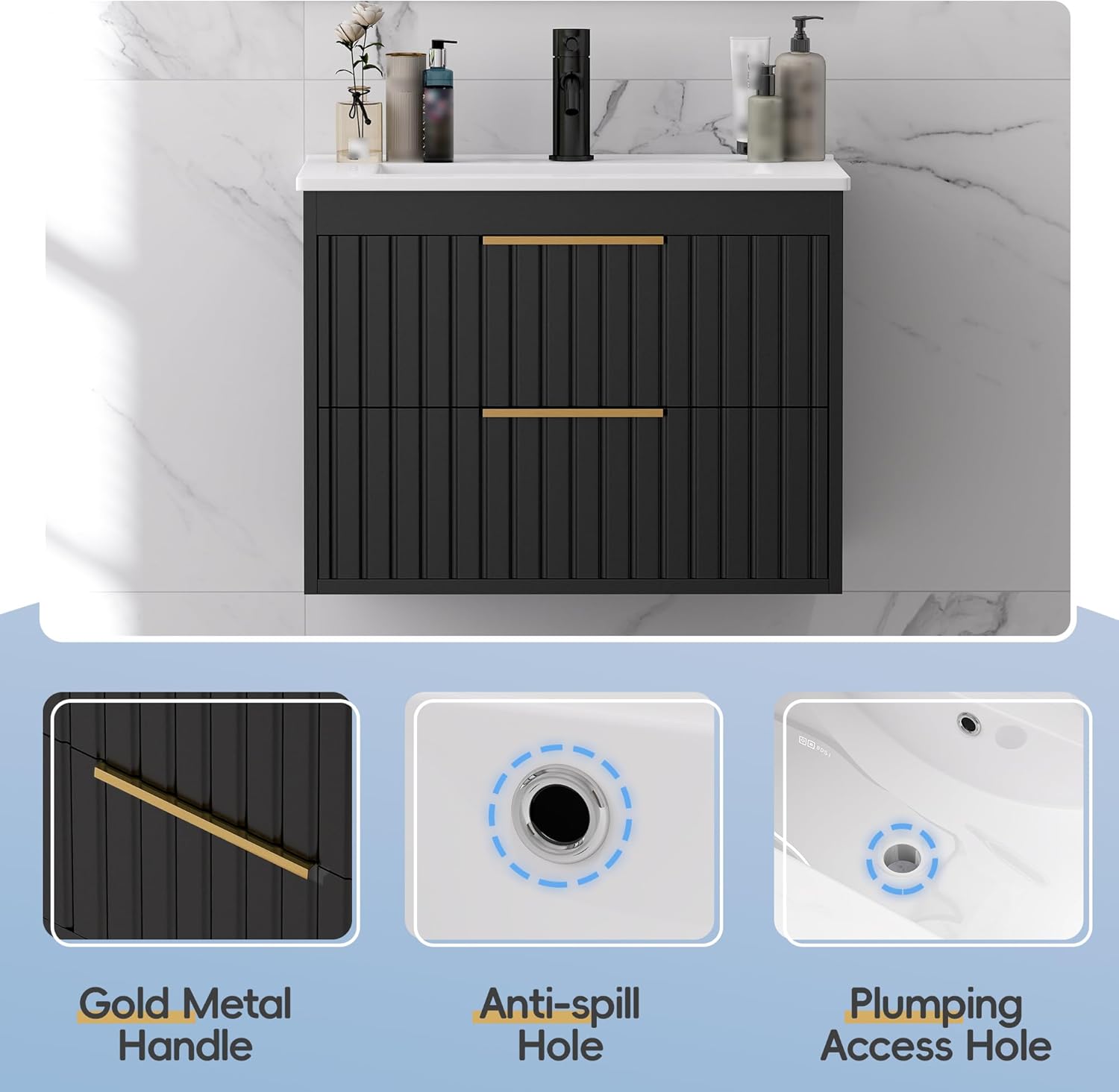 TOLEAD 24" Bathroom Vanity Cabinet with Sink Combo, Floating Vanity Bathroom with 2 Big Drawers and Metal Handles, Black