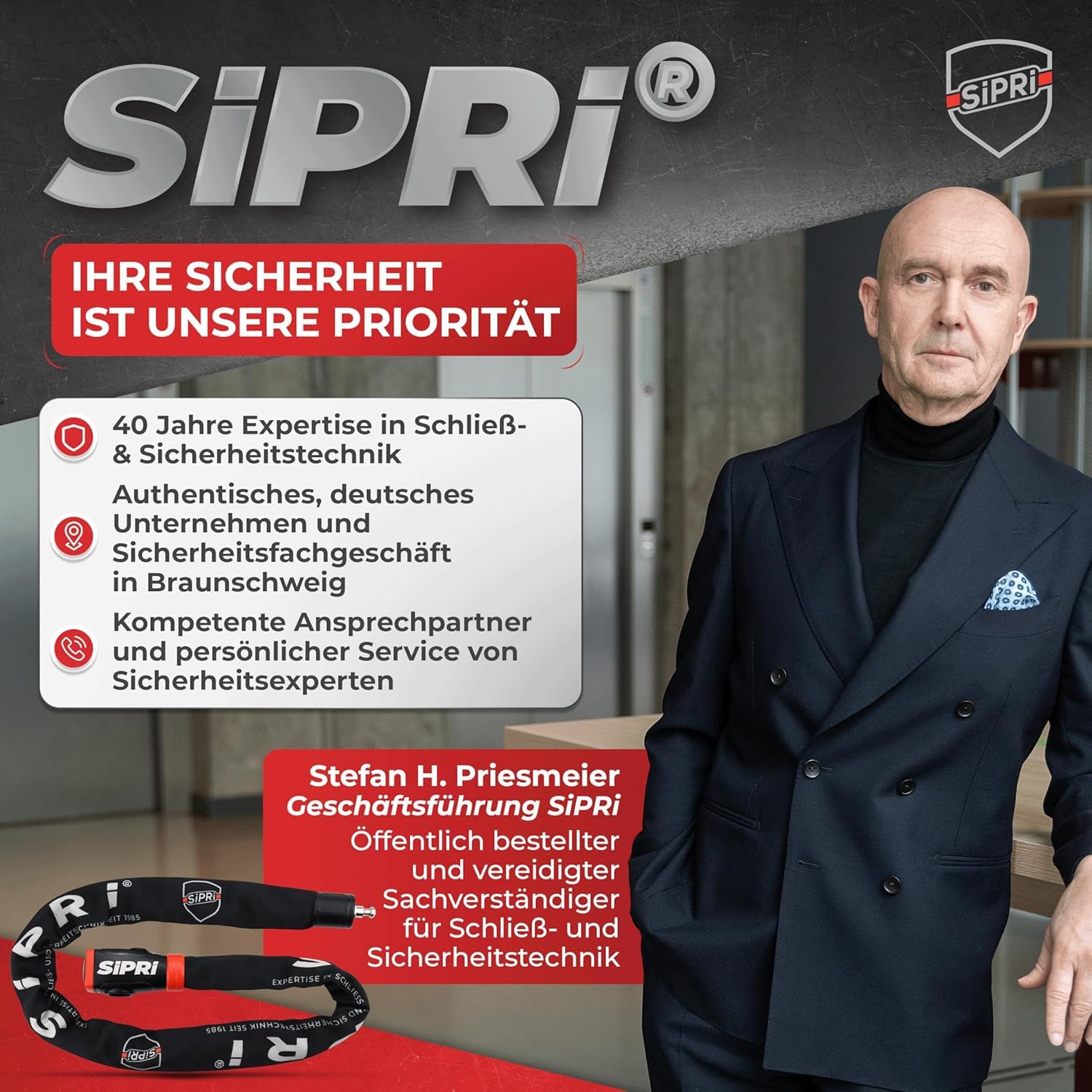 SIPRI® Lucchetto per bicicletta con allarme da 120 dB, lucchetto a catena per bicicletta ad alta sicurezza per e-bike, scooter e moto, in acciaio da 8 mm, resistente alle intemperie, robusto e
