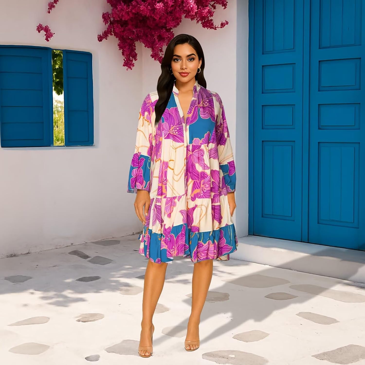 Button Down Shirt Dresses for Women 2025 - Womens Sundress Ladies Tops and Blouses Dressy Summer Long Bell Sleeve Floral Print Shirts Casual Work Business Blouse Casual Shift Mini Dress Purple, M - Image 6