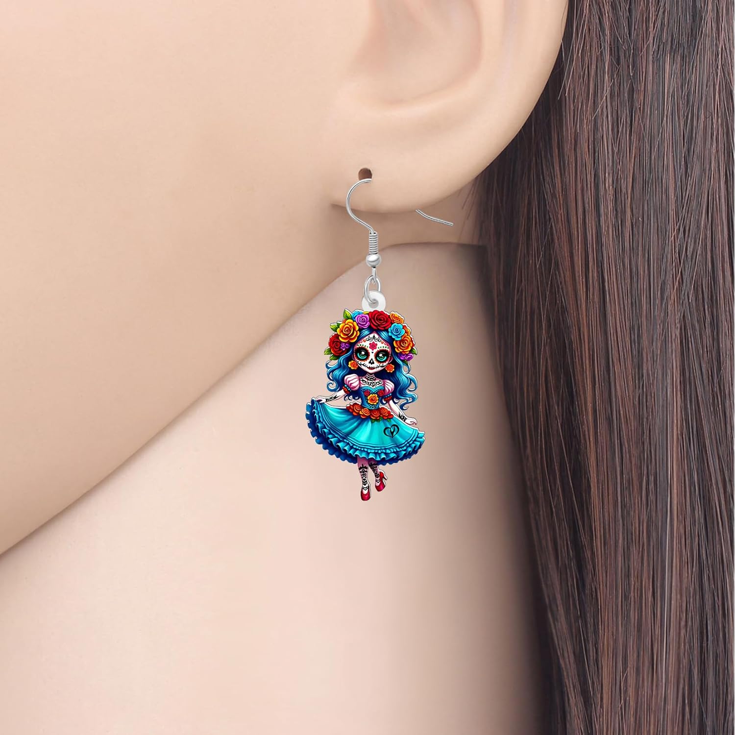 NEWEI Acrylic Horror Day of the Dead Creepy Doll Dangle Earrings Halloween Gifts for Women, Spooky Mexican Voodoo Dolls, Quirky Halloween Costume Jewelry Accessories - Image 2