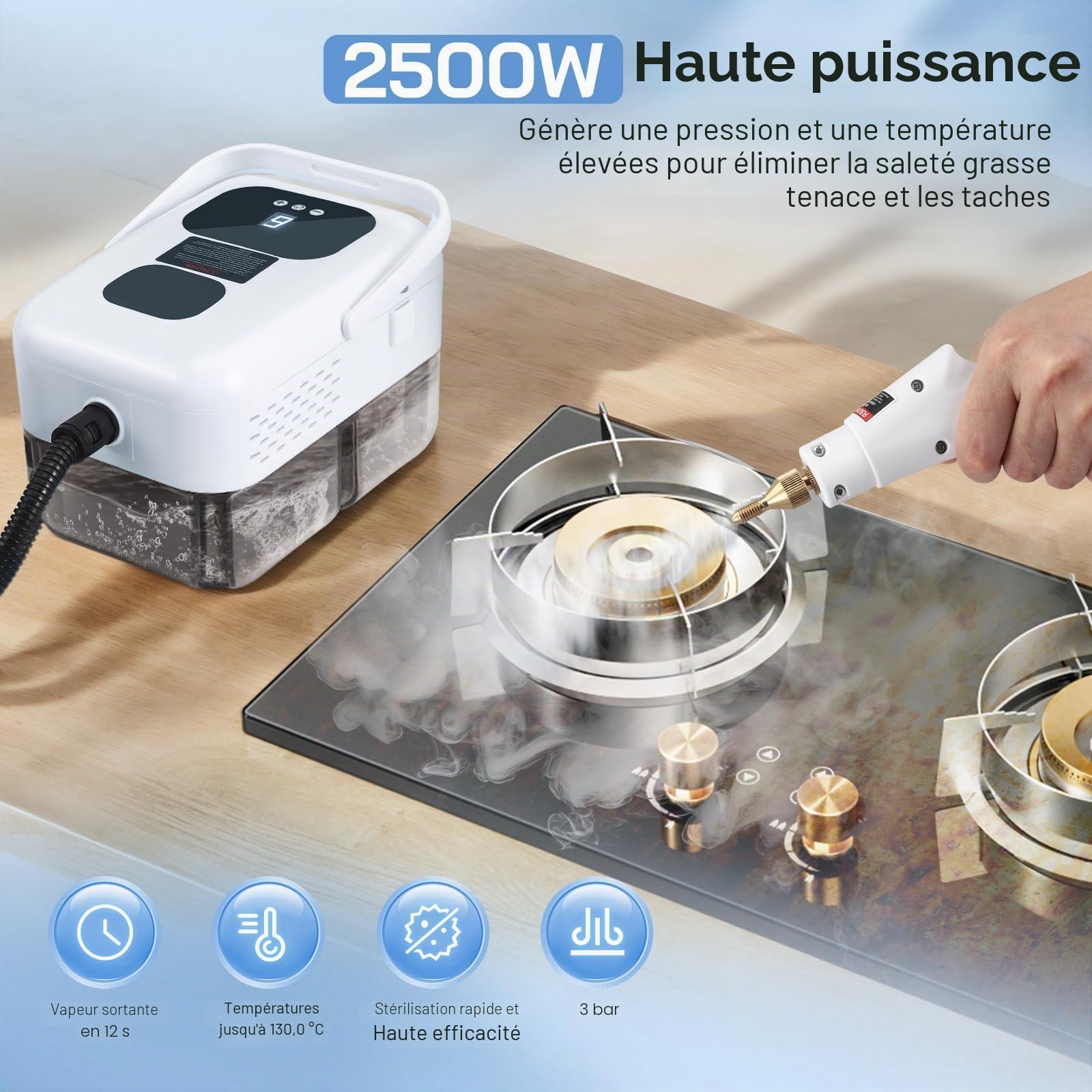Nettoyeur Vapeur 2500W, Nettoyeur Vapeur Portatif avec 130°C Haute Température, Réservoir 1200ml, 9 Niveaux de Vapeur & 6 Accessoires pour Cuisine, Salle de Bain, Voiture, Sols et Carrelage