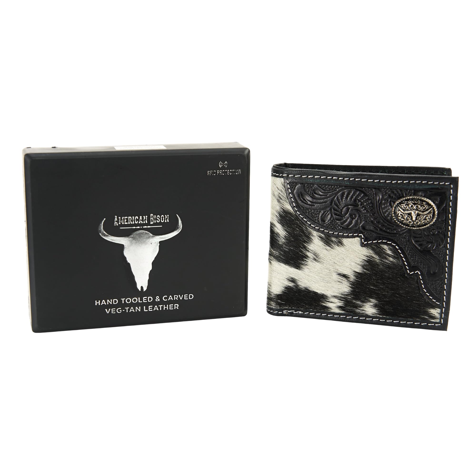 American Bison Portafoglio bifold da uomo in vera pelle bovina nera Hair-on-Hide - Portafoglio Western in vera pelle con disegni Concho, nero, 3,5 x 4,5 x 12,7 cm, Concho Longhorn