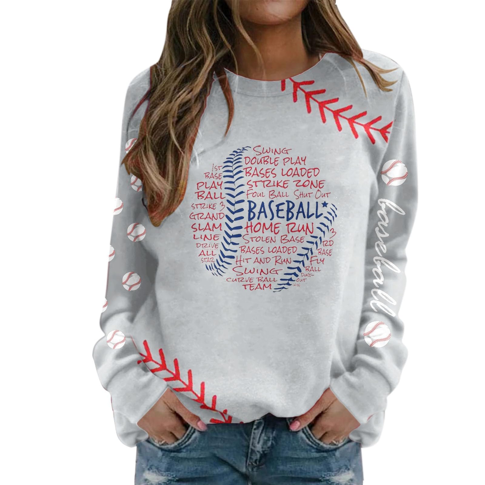 Sweat-shirt pour femme col rond imprimé baseball manches longues - 4