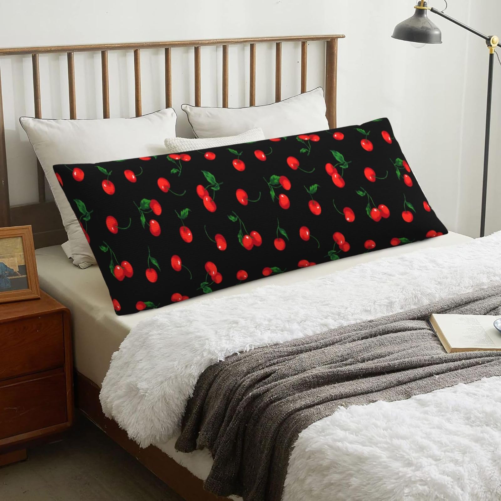Cherry Fruit Pattern, Body Pillow Cover with Zipper,Long Body Pillowcase 20 x 60 in