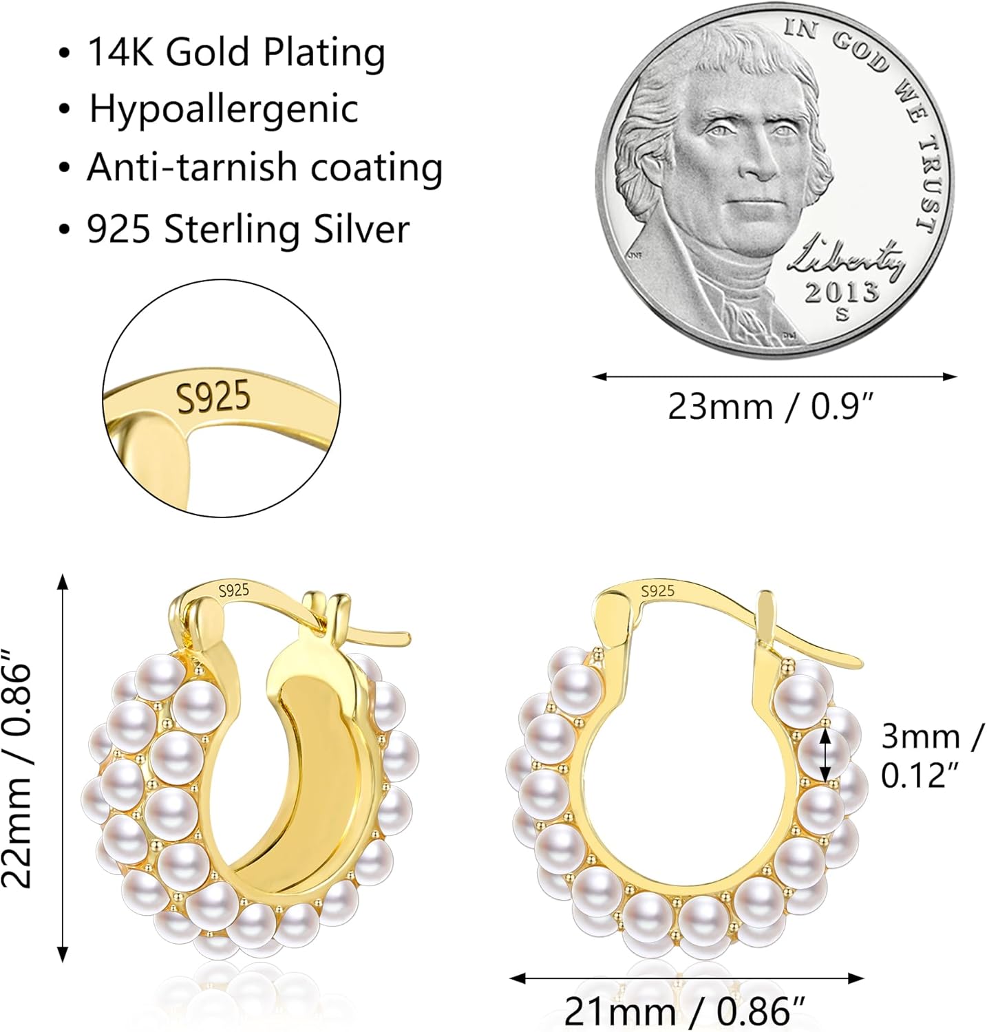 Gold Pearl Earrings for Women Hypoallergenic Sterling Silver Post Gold Pearl Hoop Earrings Pearls Earings for Women Jewelry Gifts - Image 3