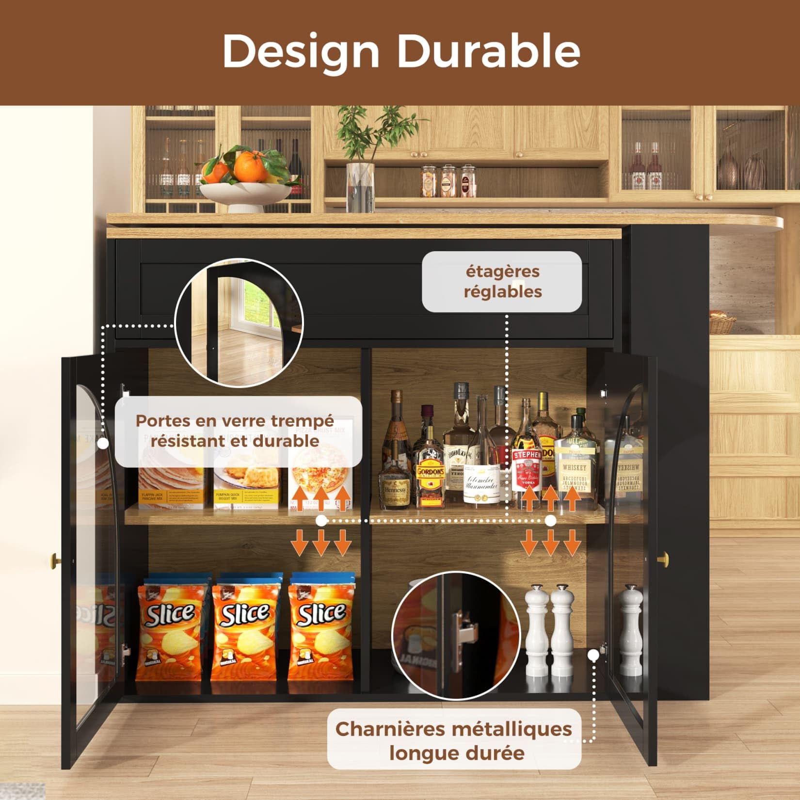 PUGSDRLY Table de Bar Extensible avec Espace de Rangement,Table Bar Cuisine Pivotant à 360°,2 Porte en Verre et 1 Tiroir,Compartiment Ouvert,Comptoir de Cuisine (D, Noir)