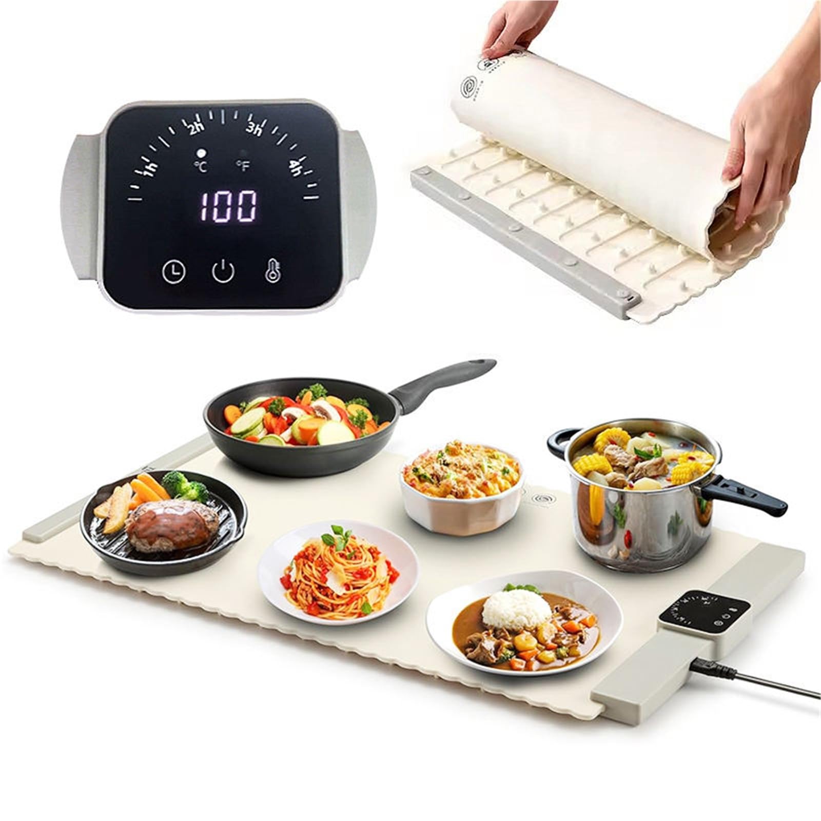 Tapis chauffant en silicone blanc pliable à température ajustable pour plats chauds