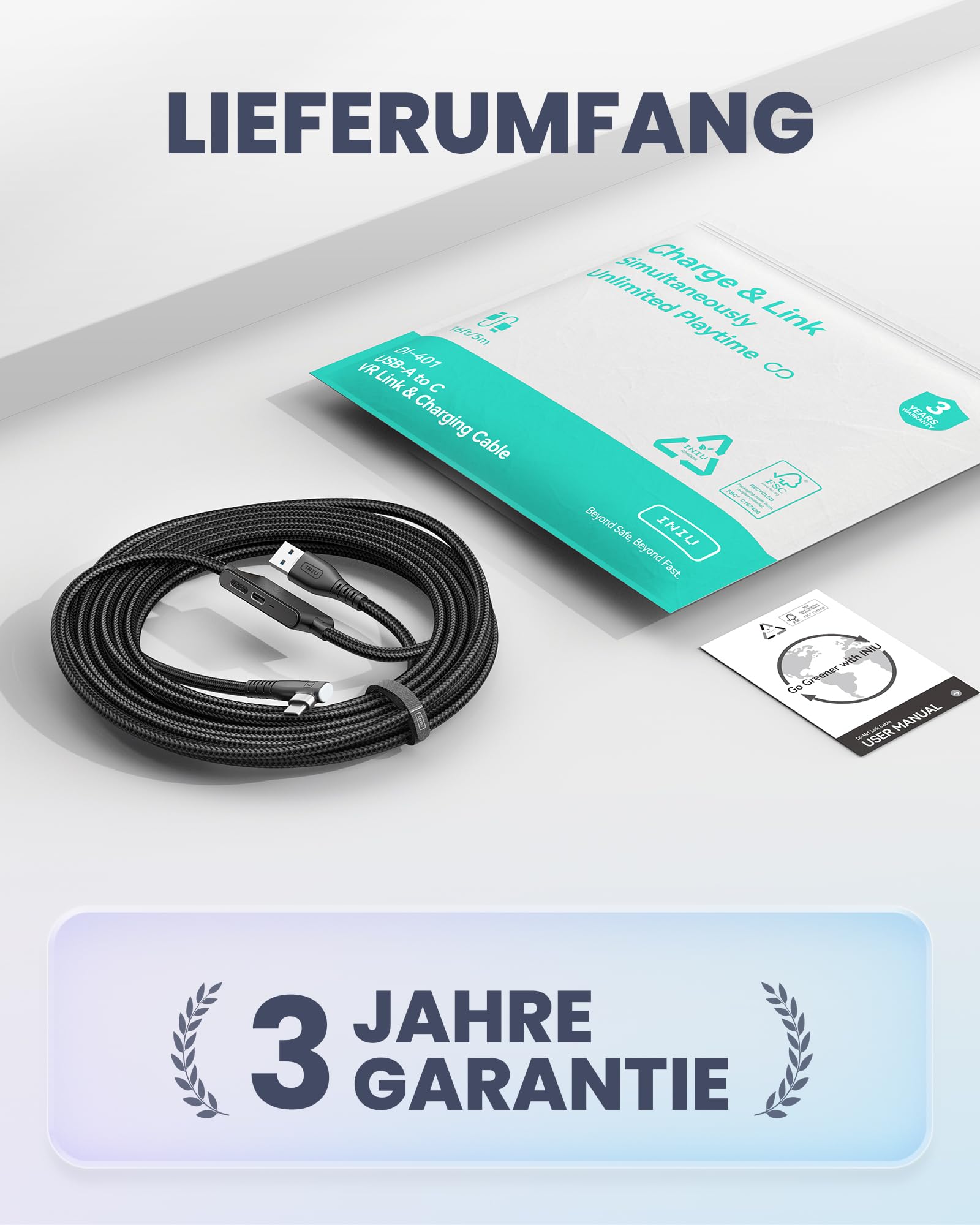 INIU Link Kabel mit Ladeanschluss [5m], Kompatibel mit Oculus Meta Quest 3/Quest 2/1/Quest Pro und Pico 4/PC Steam VR Zubehör, High Speed 2.5Gbs USB C Datenkabel PC zu PC für VR Headset Accessories.
