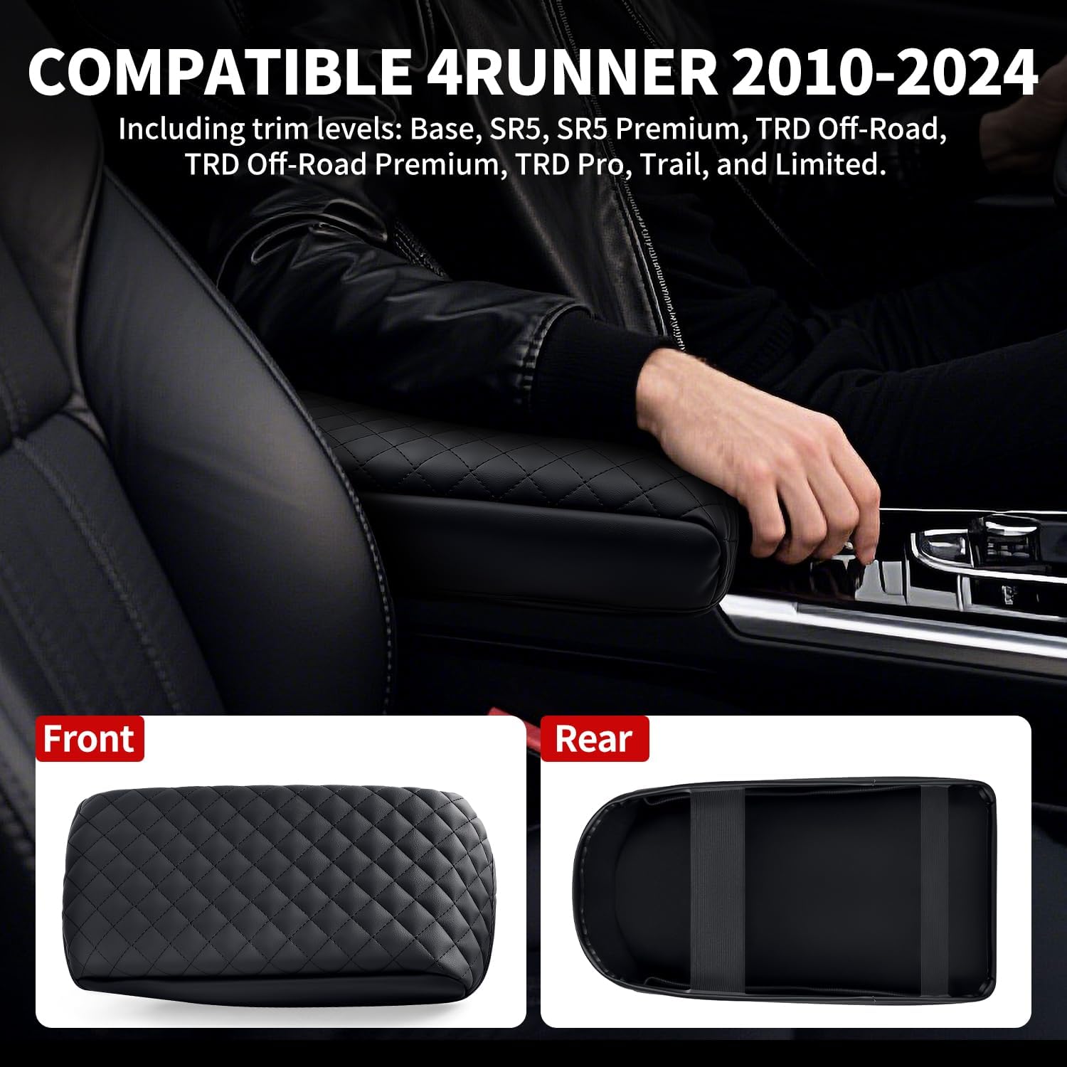 Center Console Armrest Cover Compatible with Toyota 4Runner 2010-2024 Accessories, Premium Leather Arm Rest Cover Pad, Car Middle Console Cover (Black)