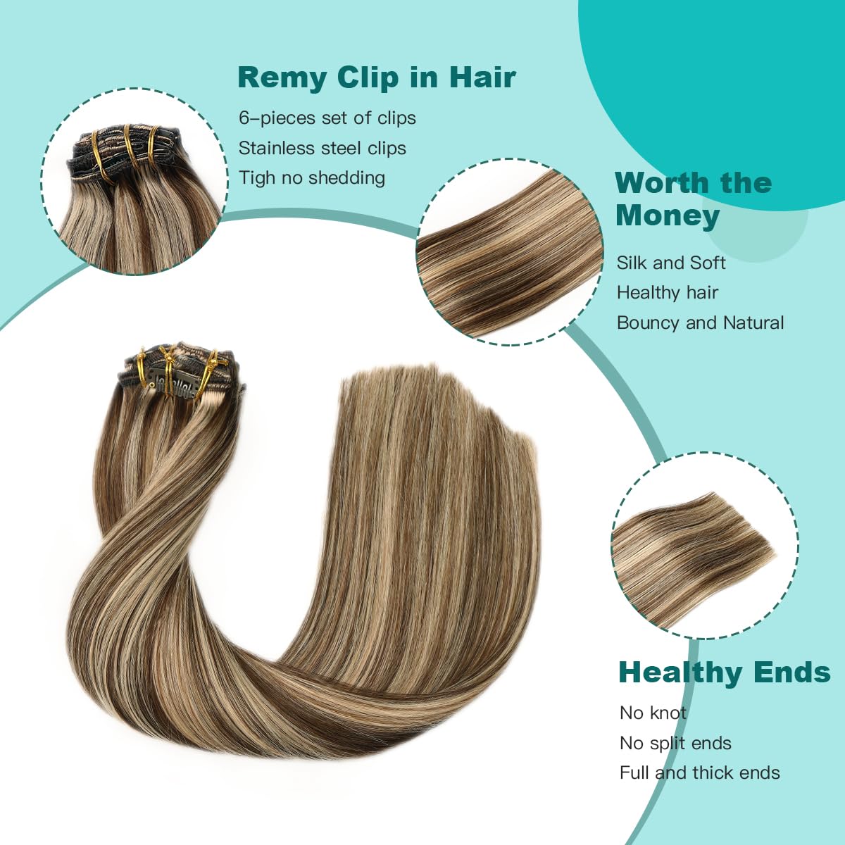 SURNEL Extension con clip, in capelli veri, castano medio con riflessi biondo caramello, 40,6 cm, 100 g, 6 pezzi (#4P27-40,6 cm)