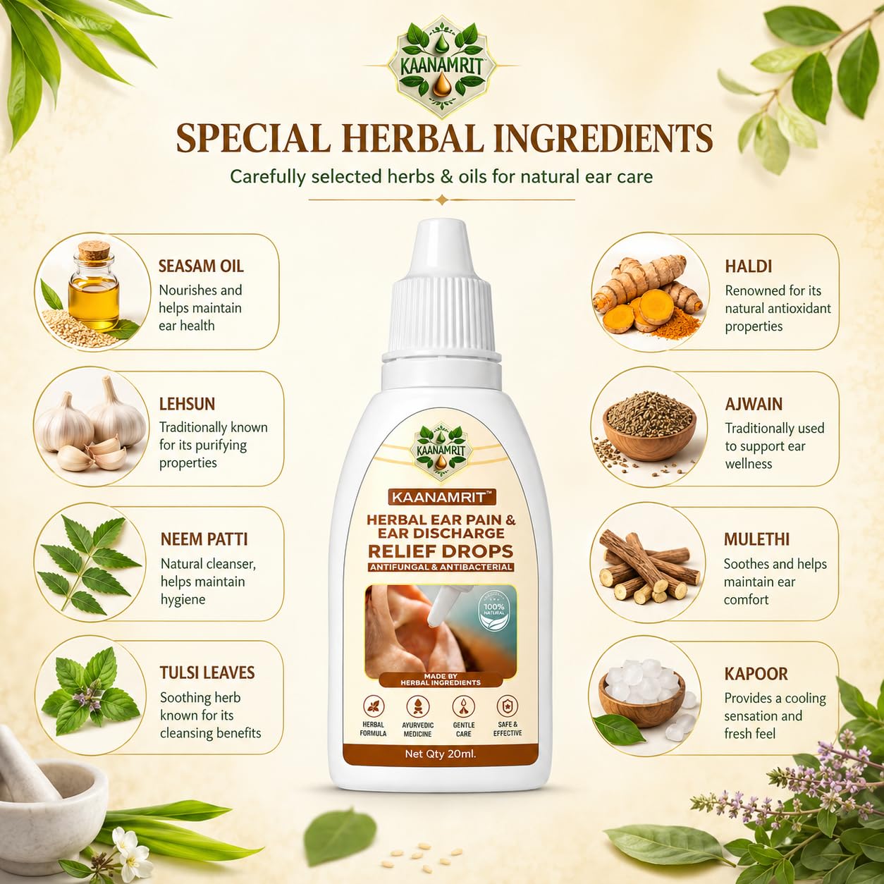 Herbal Ear Drops for Ear Pain & Ear Discharge Care | Ayurvedic Ear Care Oil with Neem, Tulsi, Haldi, Ajwain & Kapoor | Natural Herbal Formula | Daily Ear Hygiene Support | 20 ml — Amazon image 3