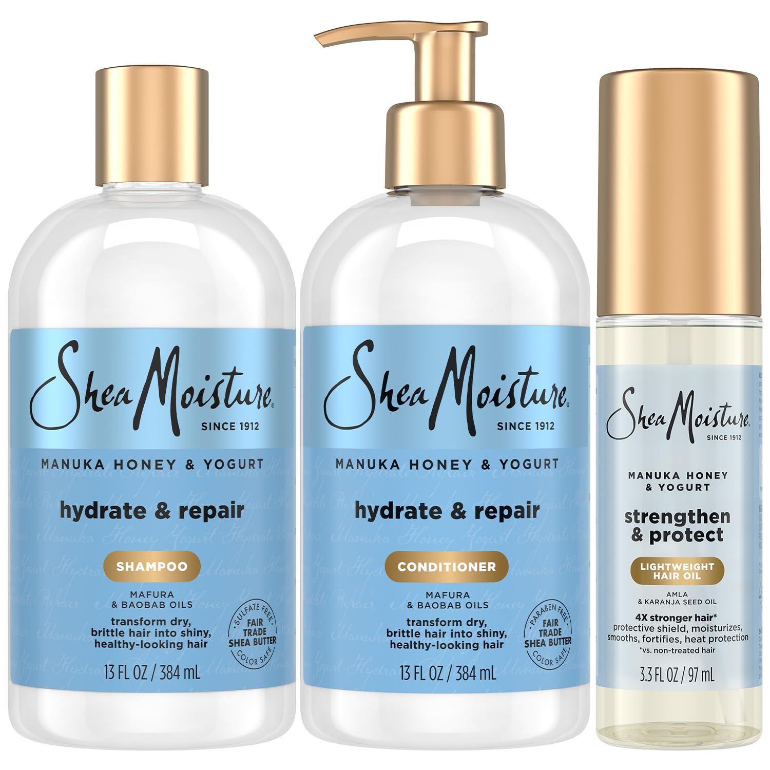 SheaMoisture Shampoo & Conditioner, Manuka Honey & Yogurt Hydrate & Repair + Strengthen & Protect Lightweight Hair Oil for Dry, Damaged Hair