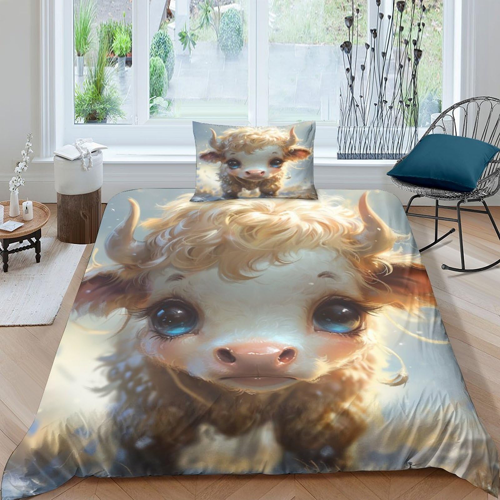 Housse de couette 3D Highland Cattle parure de lit microfibre 135x200cm single