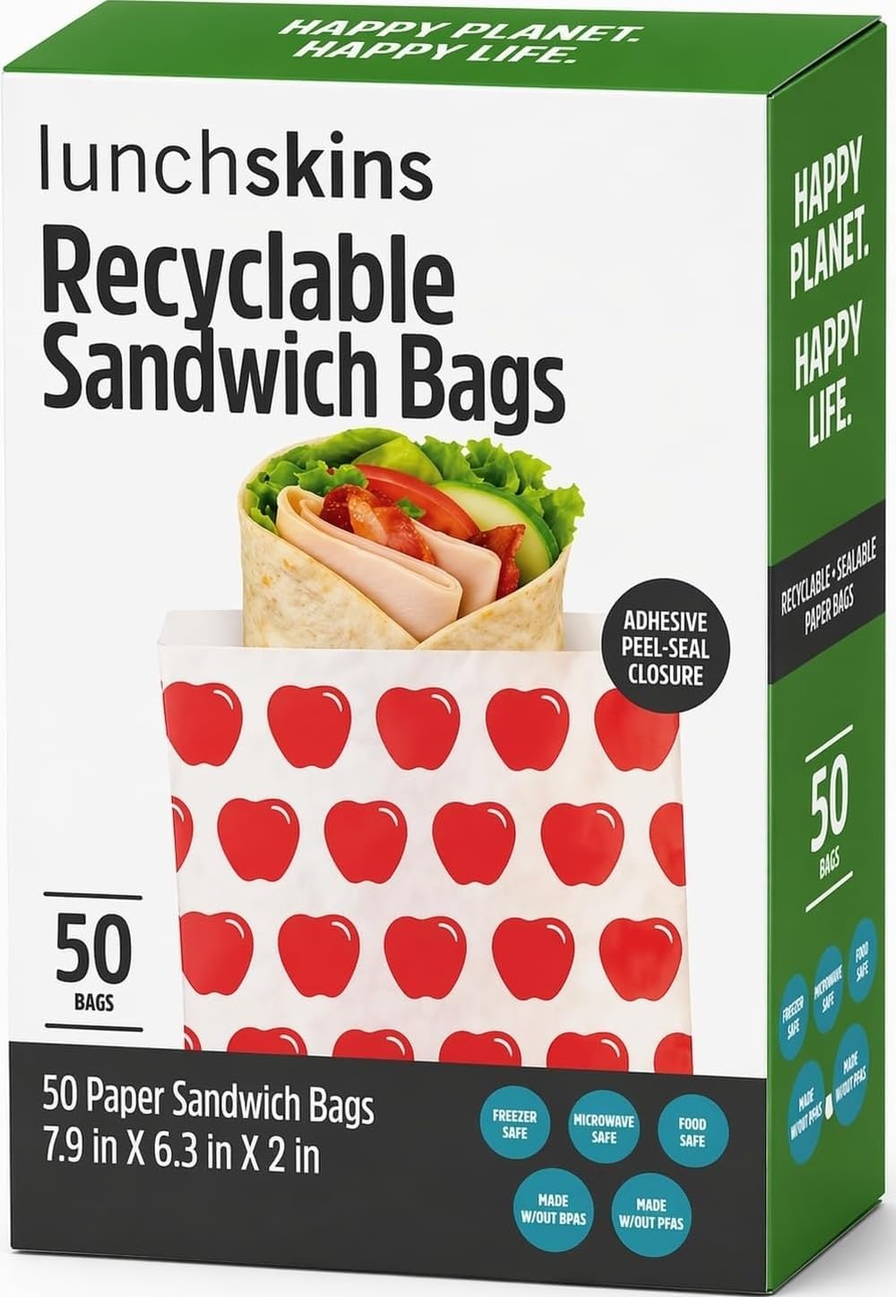 Lunchskins Paper Sandwich Bags – 50 Count | Sealable, Recyclable & Grease-Resistant Disposable Snack Bags for Kids & Adults | Self-Adhesive Closure for Freshness – Eco-Friendly On-the-Go Food Storage