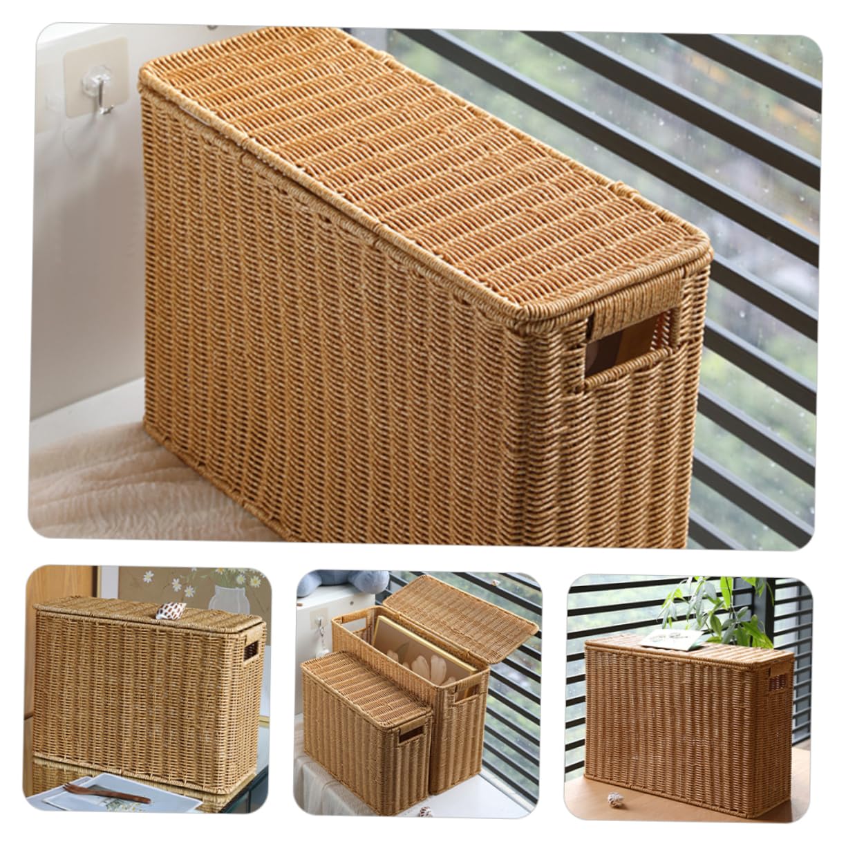 BUTIFULSIC Crimp Storage Box Seagrass Stackable Basket Narrow Wicker Basket with Lid for Kitchen