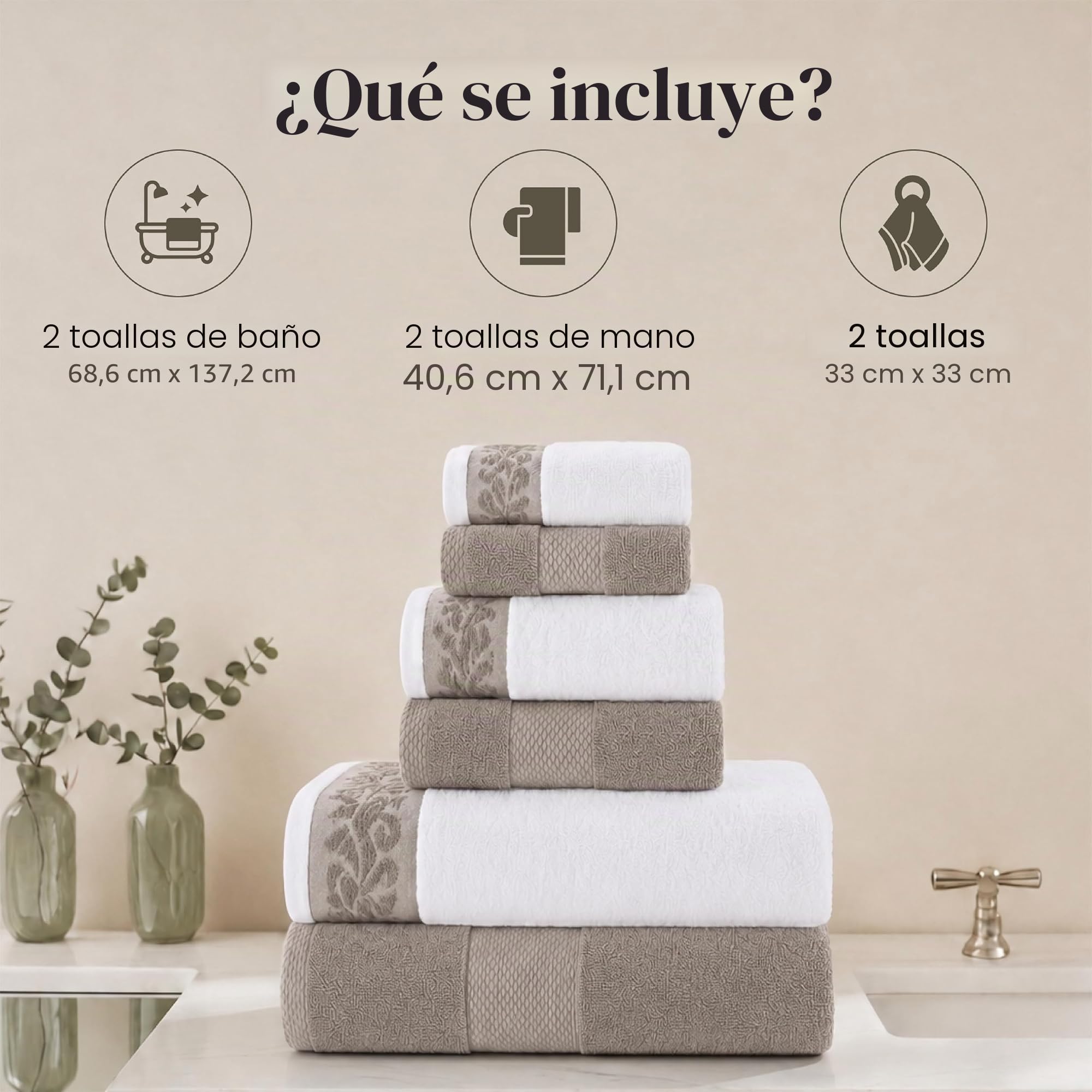 Modern Threads Juego de 6 Toallas de 600 gsm con Borde Jacquard Filgree, Color Gris Pardo