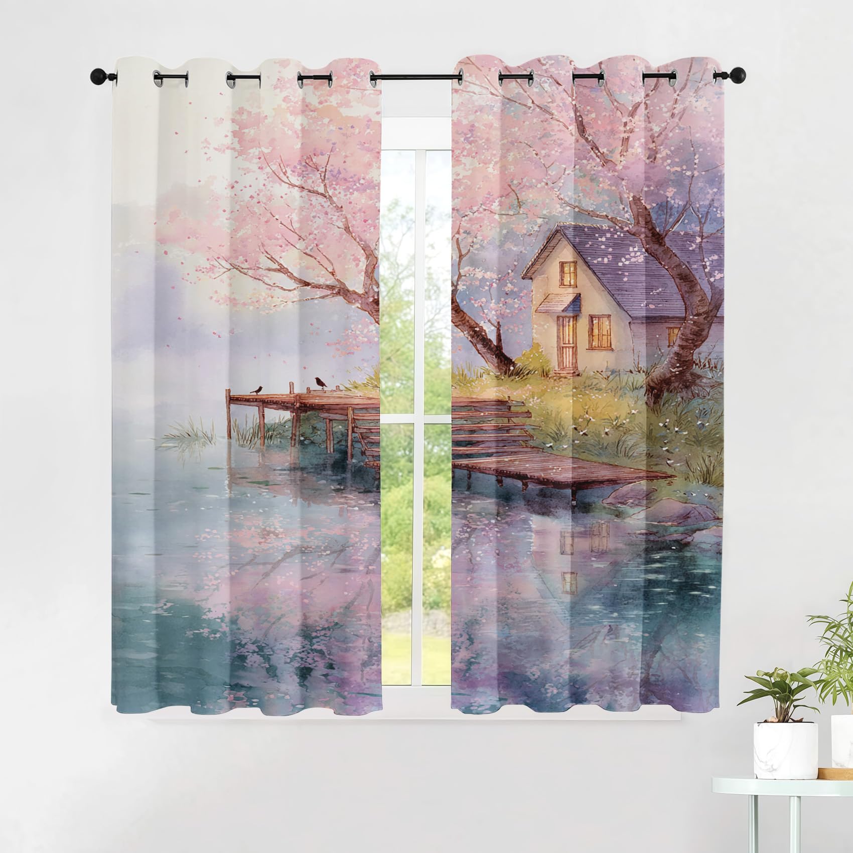 Generisch See Haus Vorhänge Aquarell Blume Vorhang Blickdicht, Gardinen mit Ösen 2er Set, Thermovorhang für Wohnzimmer Schlafzimmer Fenster Deko H 200 x B 85 cm K369p
