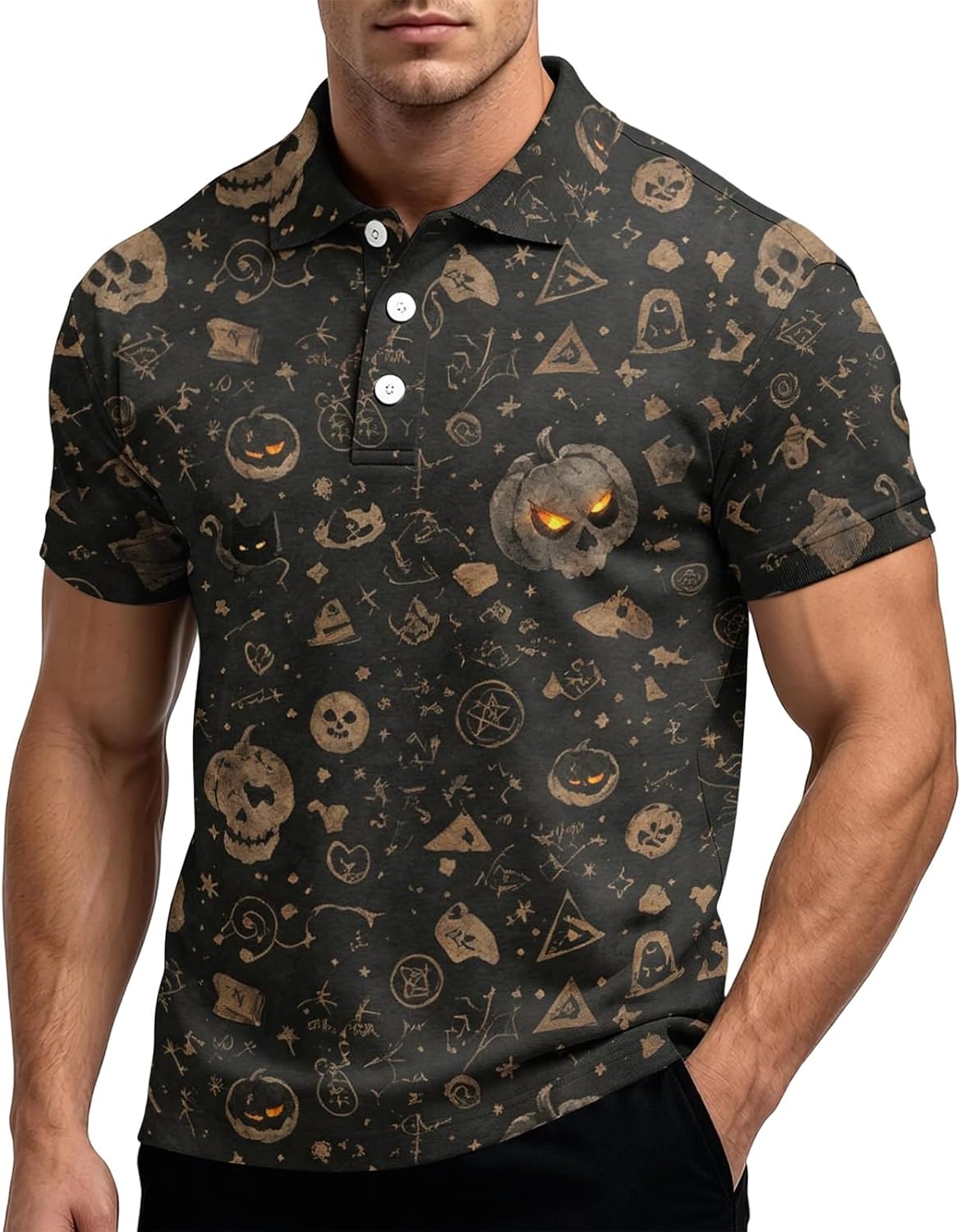 Men’s Halloween Polo Shirt, Short Sleeve Pumpkin Graphic Golf Top
