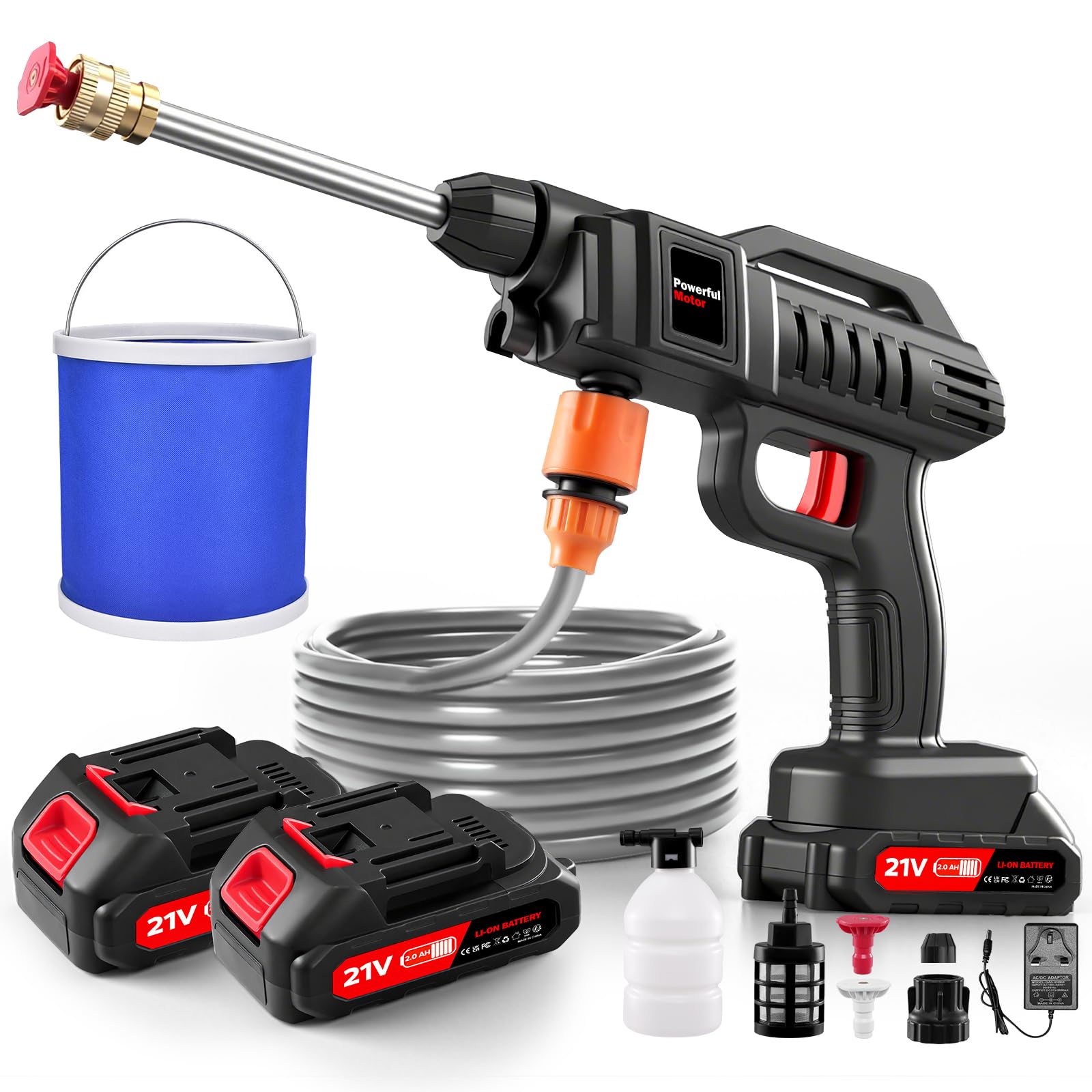 1500W Cordless Pressure Washers with Bucket,2 Batteries & 5m Hose,870PSI Portable Power Washer for Car Bike Patio Garden,High-Efficiency Battery Jet Wash for Outdoor Cleaning