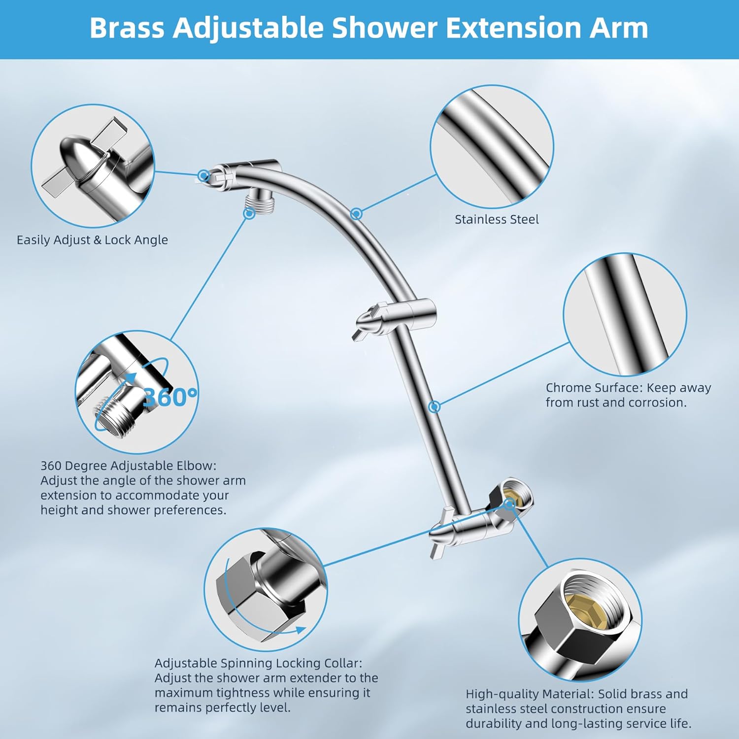Hibbent All Metal cUPC Certified Rain Shower Head, 10'' High Pressure Rainfall Showerhead with 16" Shower Head Extension Arm, Solid Brass Adjustable Shower Arm Extender, fixed Showerheads, Chrome - Image 2