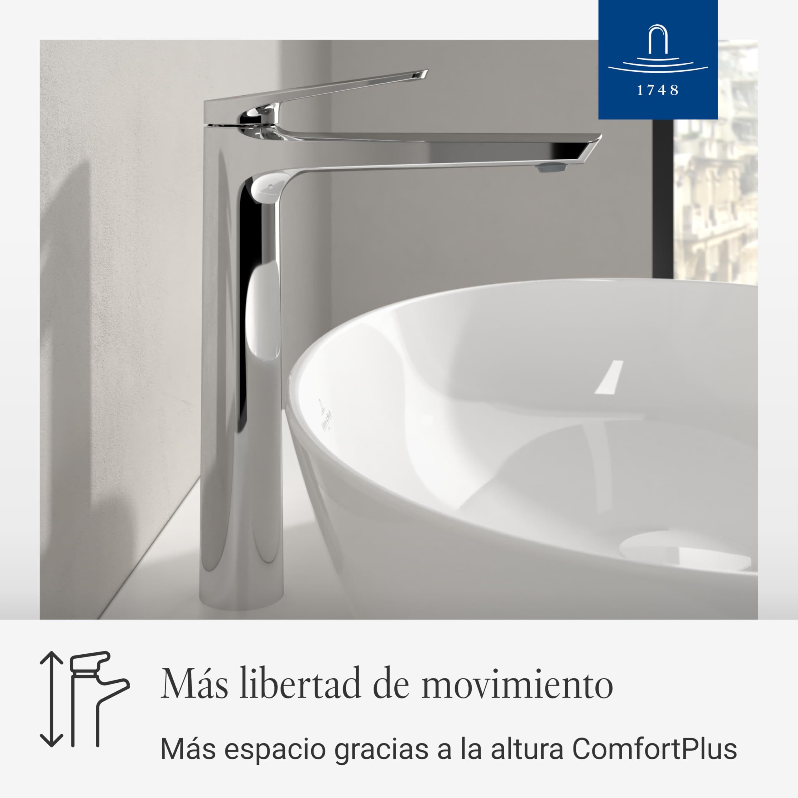 Villeroy & Boch Oasis grifo de lavabo, altura de caño 245 mm – Cromo | Sin válvula de desagüe, bajo consumo, cartucho cerámico, diseño redondo moderno, TVW11500200161