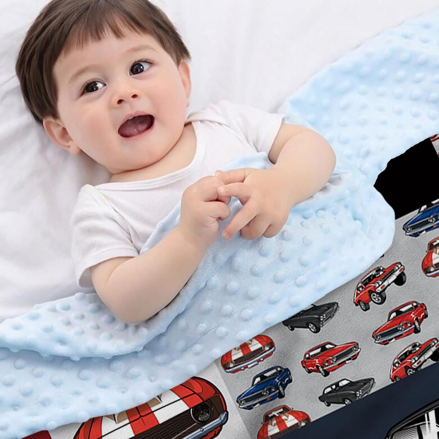 Personalized Baby Blanket – Custom Name Plaid Baby Blankets with Vintage Car Theme, Soft Minky Dotted Throw – Retro Classic Car Design for Boys, Cozy Nursery Bedding