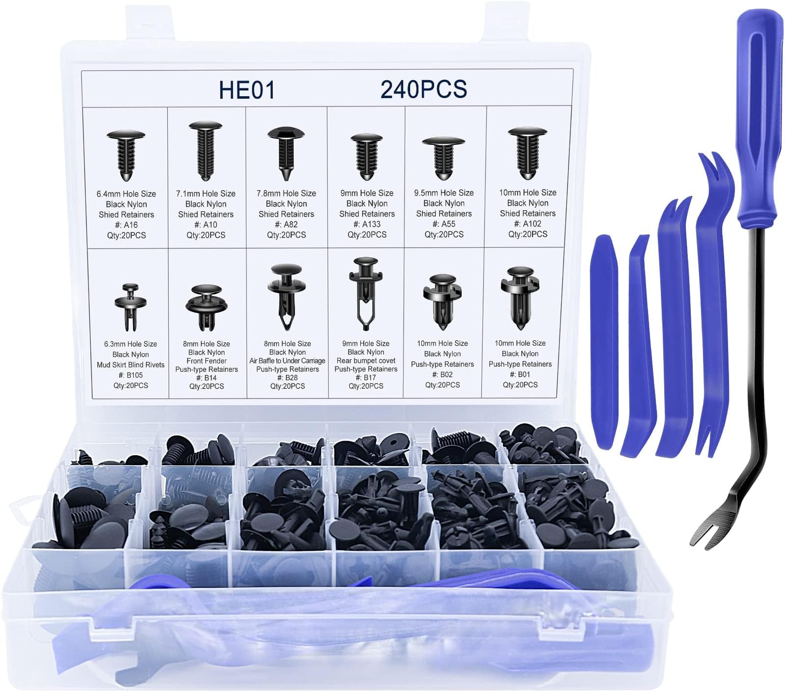 240 Pcs Bumper Clips, Car Rivet Clips, Plastic Rivets Fasteners Push Retainer Kit with Most Popular Sizes Auto Push Pin Rivets Set with 5 PCS Trim Removal Tools Fastener