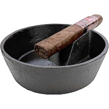 Rustic State Corojo Cast Iron Cigar Ashtray for Outside Patio with Single Built-in Rest Antique Round Design Outdoor Ash Disposal with Hammered Effect - Black
