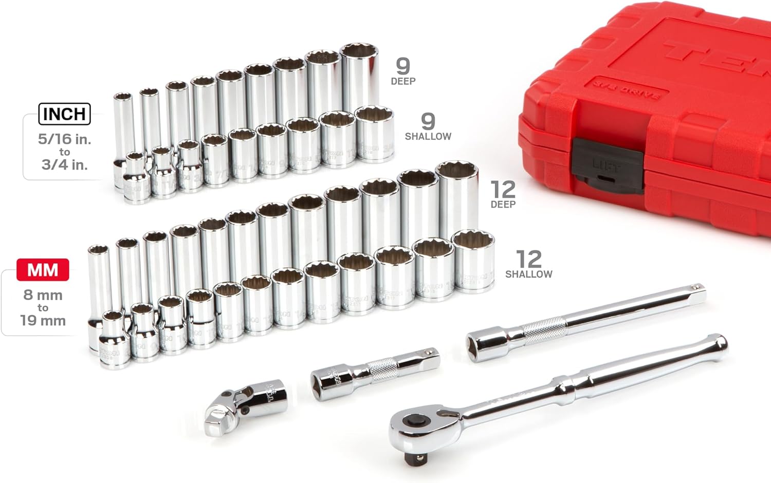 TEKTON 3/8 Inch Drive Shallow and Deep 12-Point Socket and Ratchet Set with Case, 46-Piece (5/16-3/4 in., 8-19 mm) | SKT15302