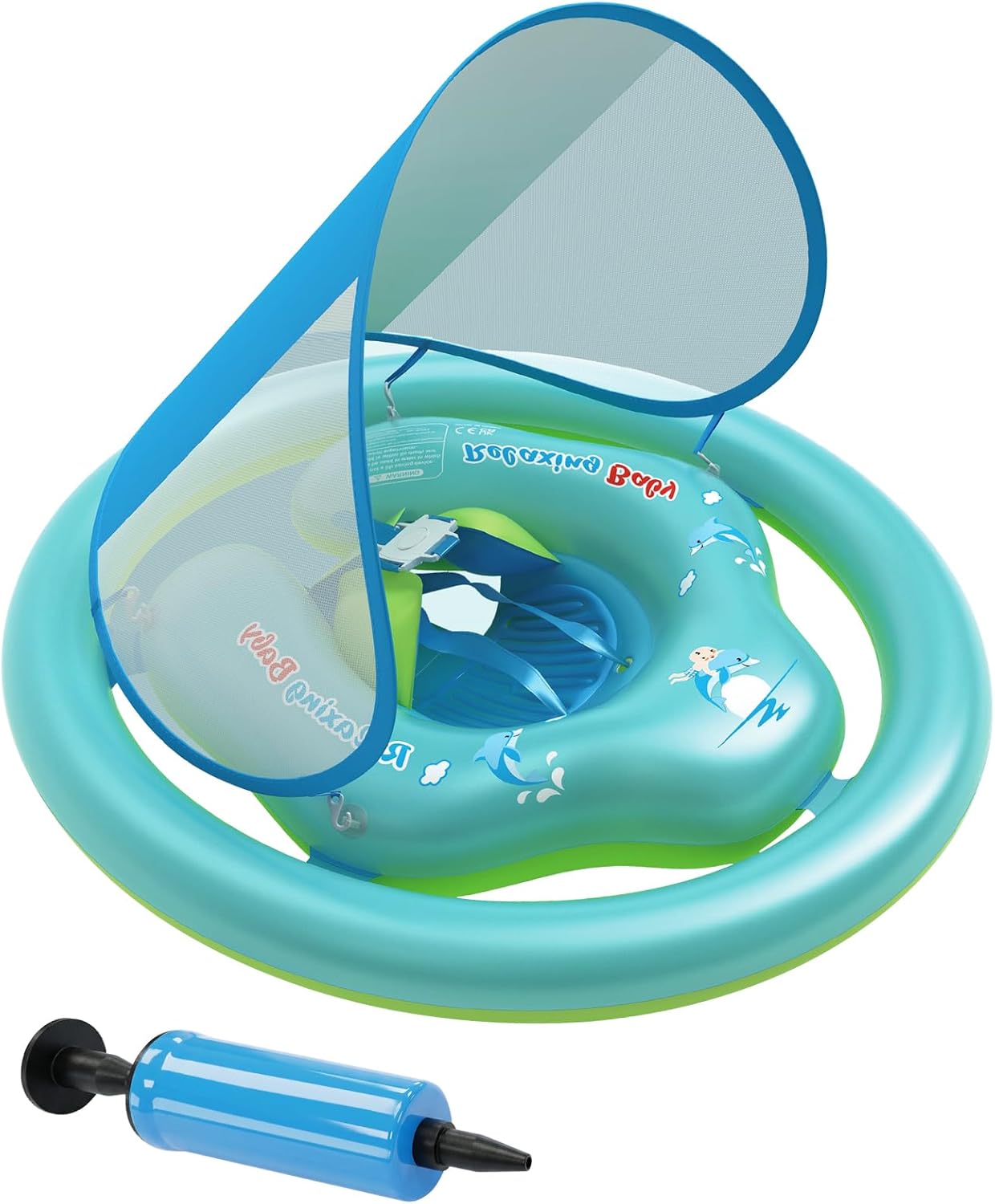 Baby Swim Ring with Parasol Ninonly Baby Swimming Pool Double Ring Safe with UPF 50+ Protection, Ergonomic Inflatable Baby Float Seat for Baby Pool and Beach 6 Months to 3 Years
