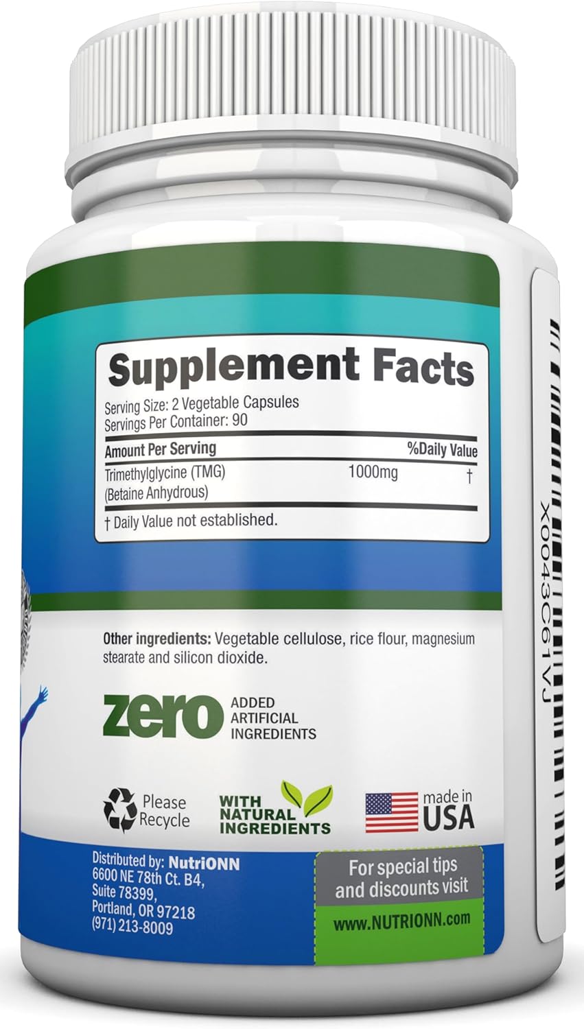 TMG Trimethylglycine Supplement - 1000mg - 180 Capsules - Premium Pure Betaine Anhydrous - Supports Normal Homocysteine & Blood Pressure Levels - Promotes Methylation Processes - Non-GMO Formula - Image 2