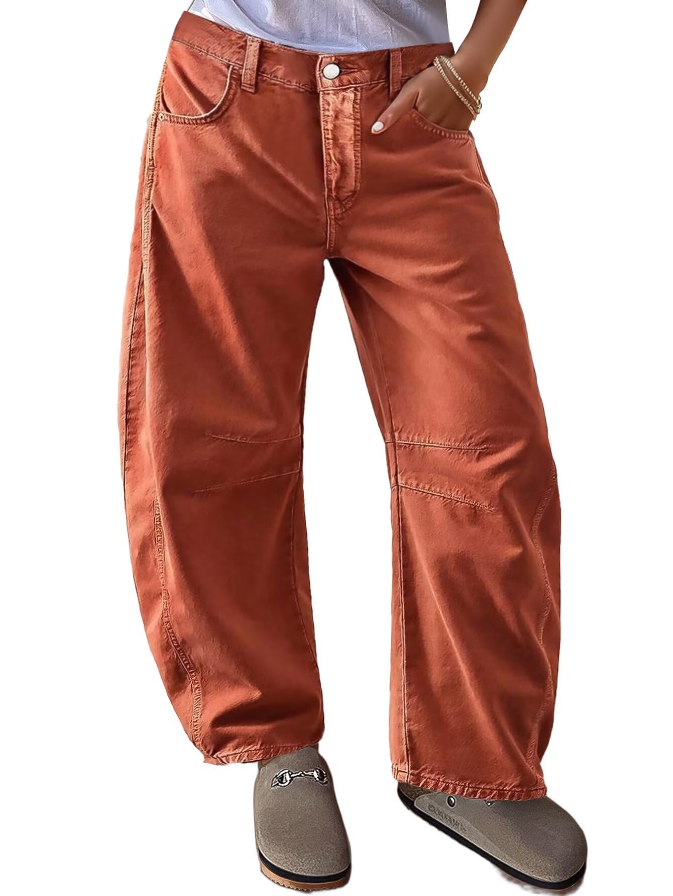 Flamingals Baggy Barrel Leg Pants for Women Mid Waist Vintage Carrot Pants with Pockets Trendy
