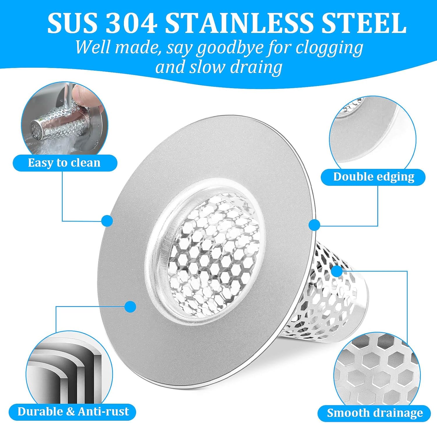 Dayker 3PCS Bathroom Sink Drain Strainers, Stainless Steel Hair Catcher, Cone Shaped Floor Drain Replacement Fit Hole Size 1.2"-1.6", for Laundry Floor Drain, Bathtub, Kitchen Slop Basket Filter Trap