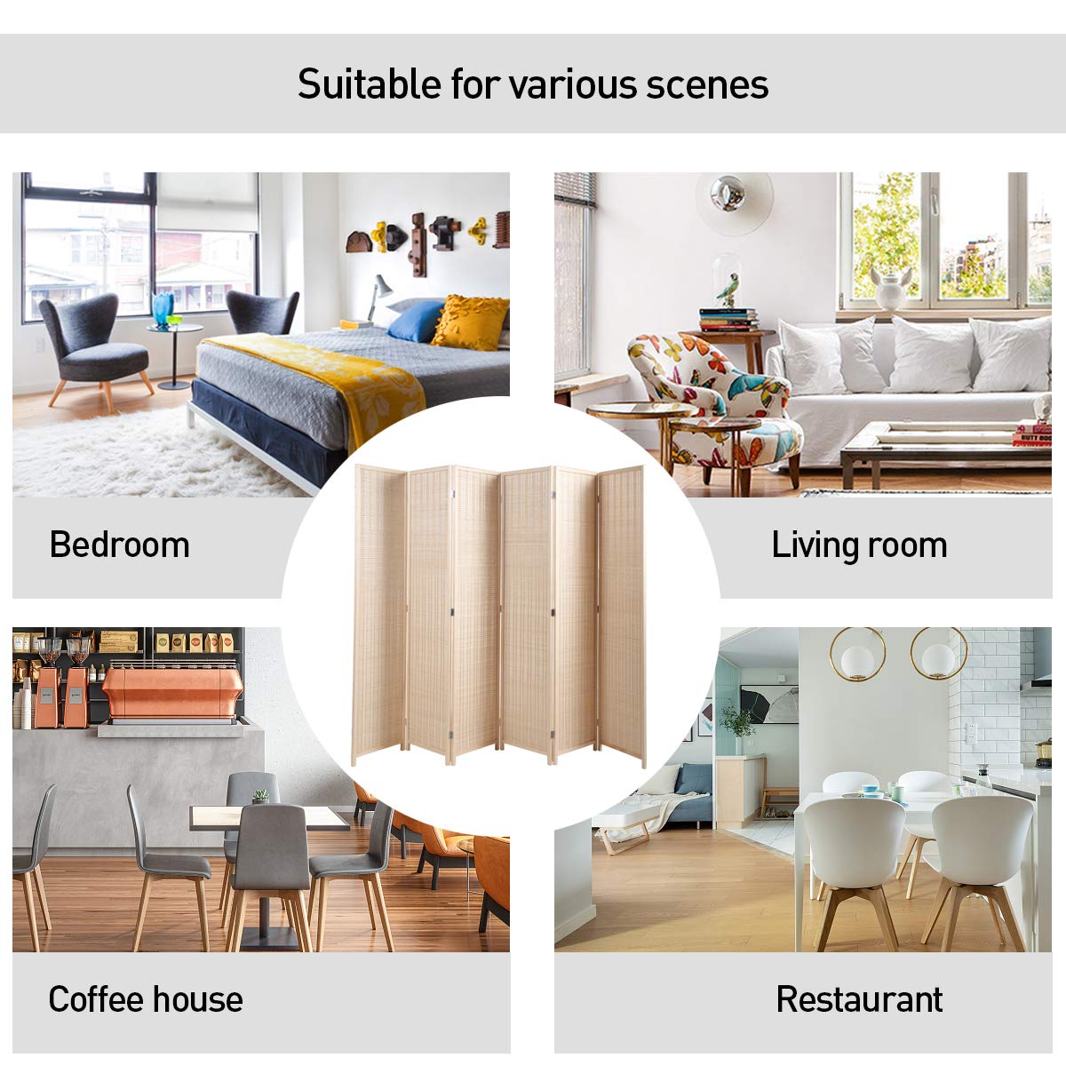 JAXSUNNY 6 Panel Bamboo Room Dividers, Folding Room Divider Privacy