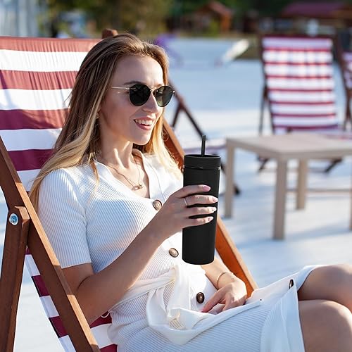 Miniatura 76 de Volhoply Paquete de 4 vasos delgados de plástico de 20 onzas, vaso de doble pared con tapa y pajilla, taza de café helado de viaje, reutilizable