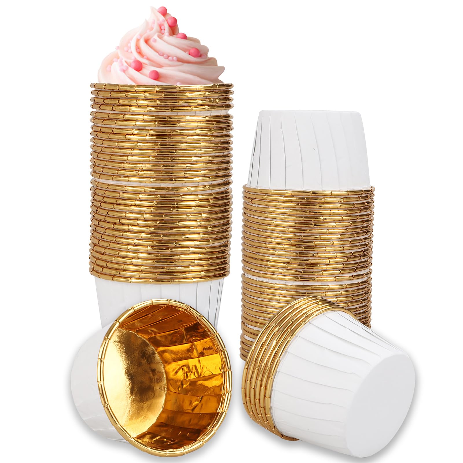 APACALI 200 PCS Cupcake Cases, Foil Metallic Baking Cups, Mini Cupcake Cups, White and Gold Cupcake Cases for Baking, Christmas, Birthday, Wedding, Holiday, Party, Muffins