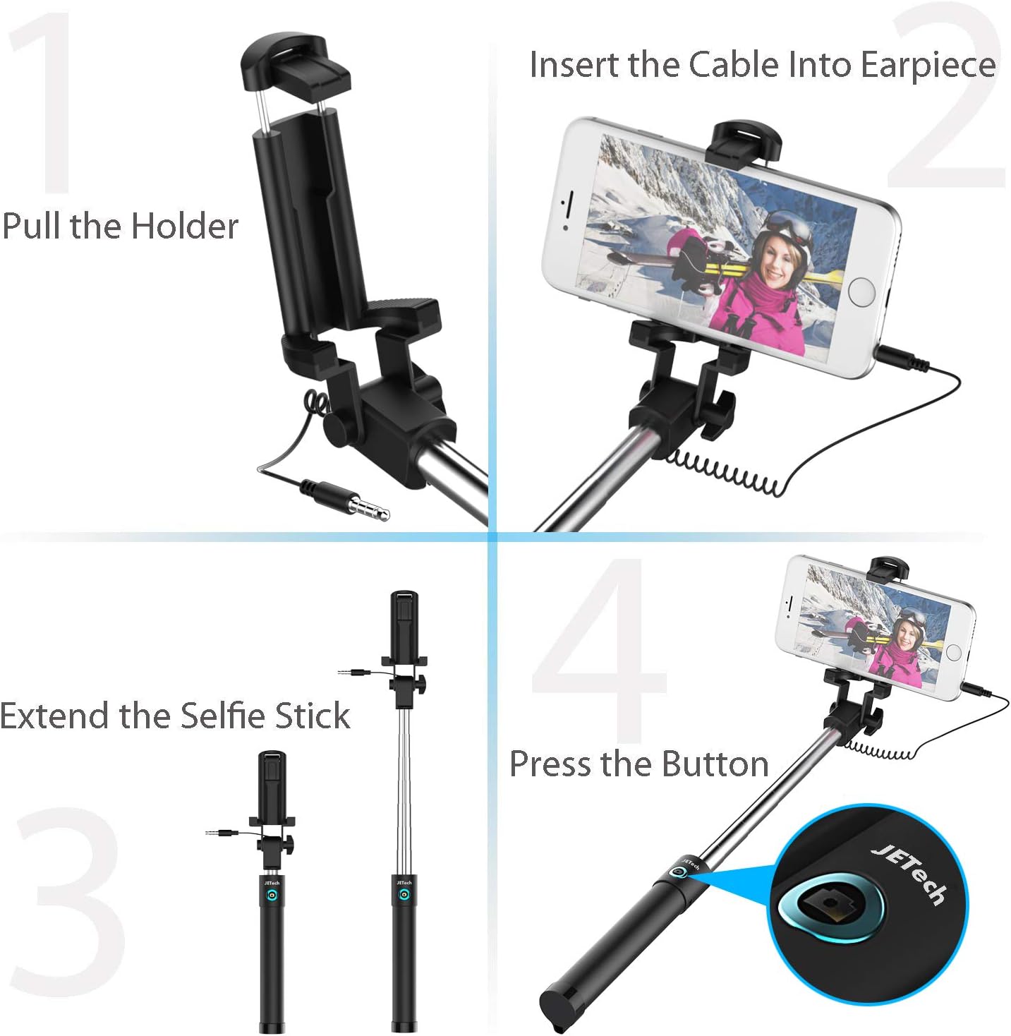 Selfie Stick, JETech One-Piece U-Shape [Battery Free] Extendable Wired Cable Control Self-Portrait Monopod Pole with Mount Holder for Apple&Android Devices and More