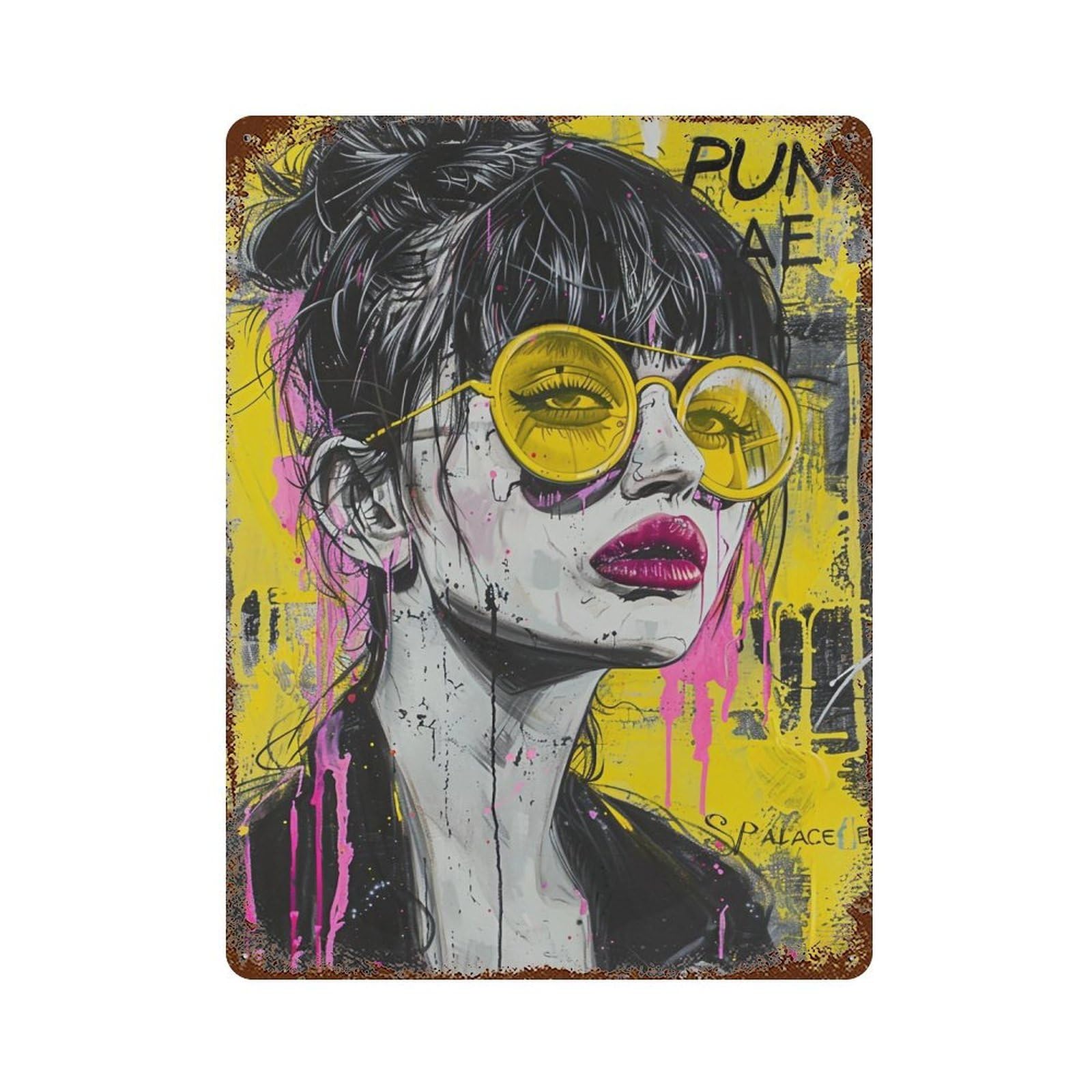 YHGERTKU Vibrant Yellow Sunglasses Punk Girl Portrait 01 Wall Art Retro Iron Vintage Metal Tin Sign Poster Modern Decor for Living Rooms Gift 40x30cm